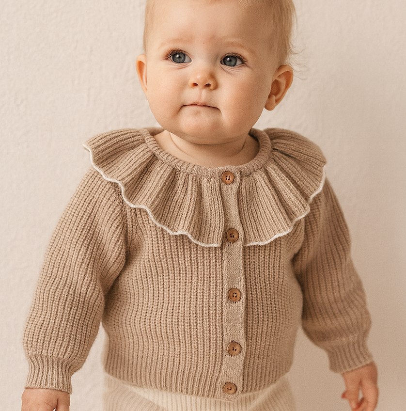 Stickad babykofta med volangkrage