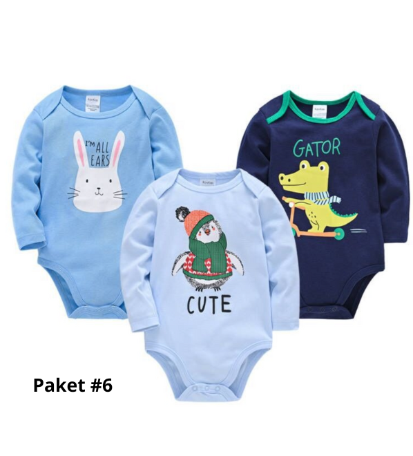 Body 3-pack med lång ärm - 100% bomull